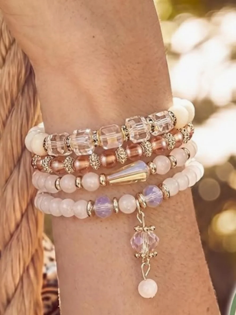 Anthropologie Ivory and Gold Beaded Stack Bracelets